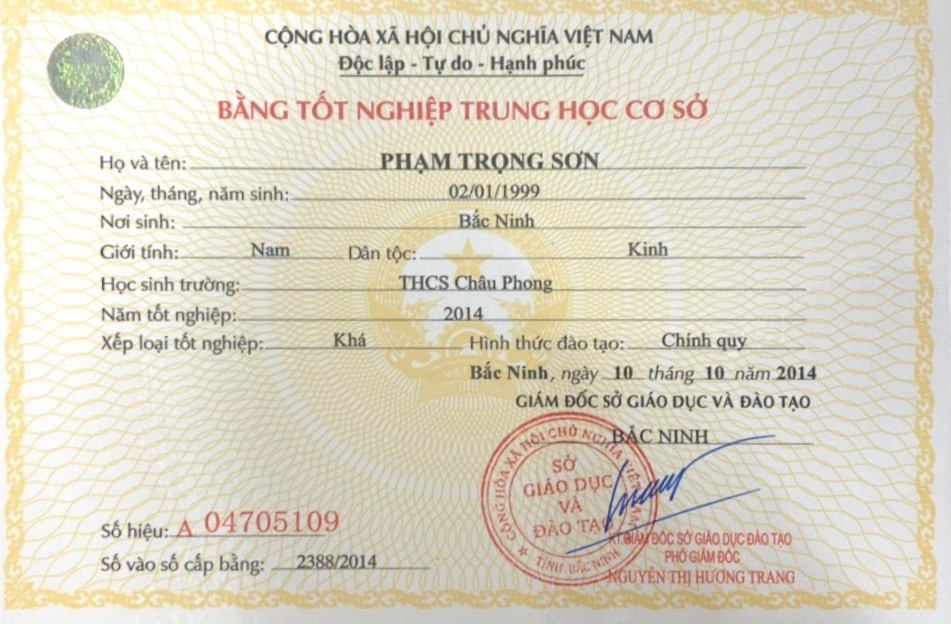 Làm Bằng Cấp 2 Chuẩn Phôi Gốc 100% Có Hồ Sơ Tại Trường