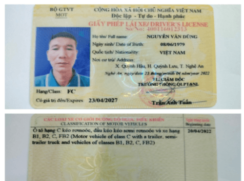 Mẫu bằng lái xe ô tô hạng F - Mặt trước